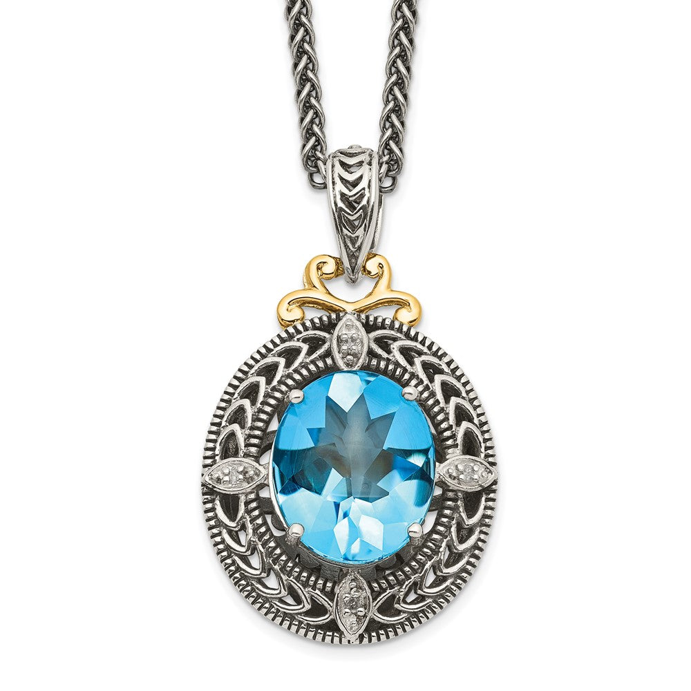 14K/Silver Two Tone Shey Couture Sterling Silver With 14K Accent 18 Inch Antiqued Diamond And Oval Blue Topaz Necklace
