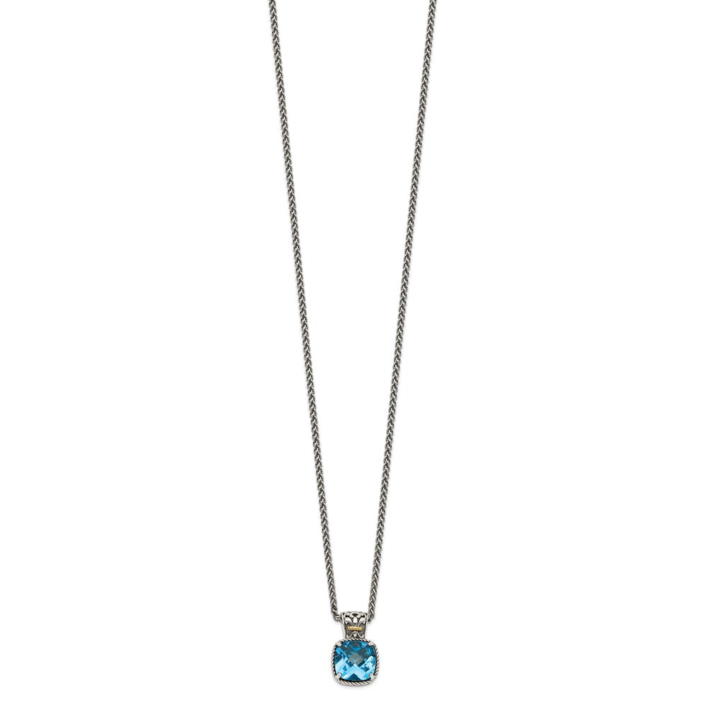 14K/Silver Two Tone Shey Couture Sterling Silver With 14K Accent 18 Inch Antiqued Cushion Blue Topaz Necklace