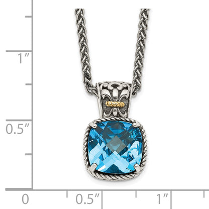 14K/Silver Two Tone Shey Couture Sterling Silver With 14K Accent 18 Inch Antiqued Cushion Blue Topaz Necklace