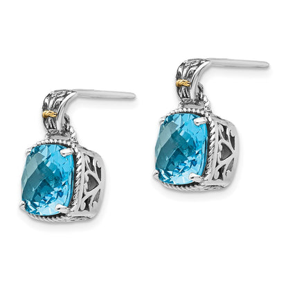 14K/Silver Two Tone Shey Couture Sterling Silver With 14K Accent Antiqued Cushion Blue Topaz Post Dangle Earrings