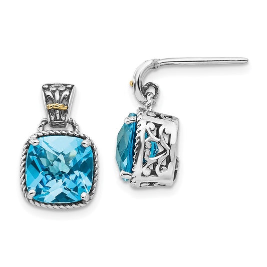 14K/Silver Two Tone Shey Couture Sterling Silver With 14K Accent Antiqued Cushion Blue Topaz Post Dangle Earrings