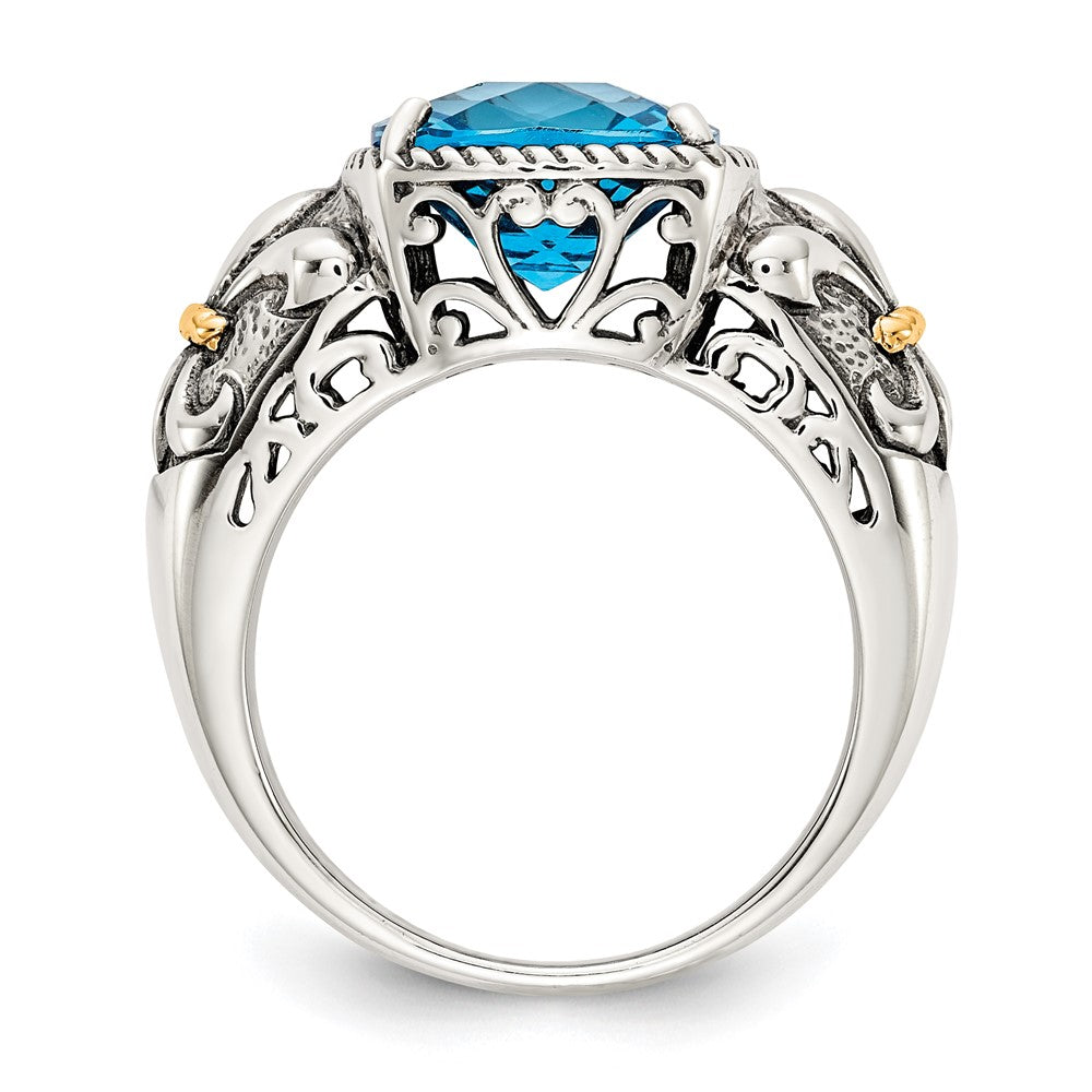 14K/Silver Two Tone Shey Couture Sterling Silver With 14K Accent Antiqued Cushion Checkerboard Blue Topaz Ring