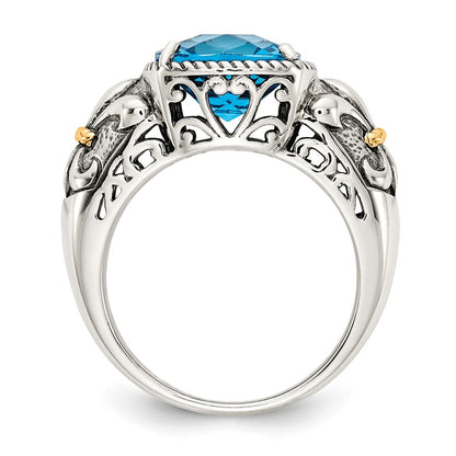 14K/Silver Two Tone Shey Couture Sterling Silver With 14K Accent Antiqued Cushion Checkerboard Blue Topaz Ring