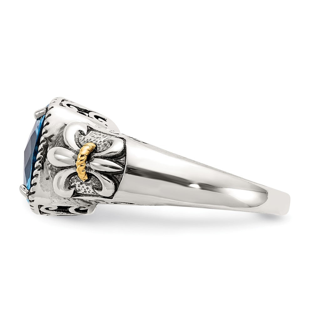 14K/Silver Two Tone Shey Couture Sterling Silver With 14K Accent Antiqued Cushion Checkerboard Blue Topaz Ring