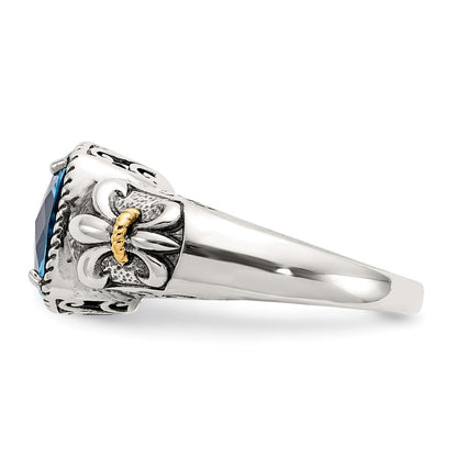 14K/Silver Two Tone Shey Couture Sterling Silver With 14K Accent Antiqued Cushion Checkerboard Blue Topaz Ring