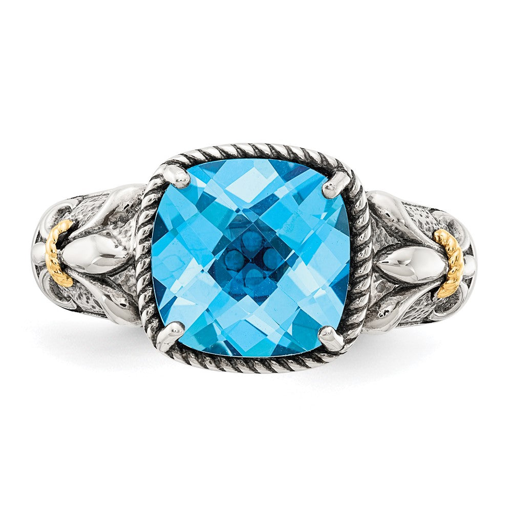 14K/Silver Two Tone Shey Couture Sterling Silver With 14K Accent Antiqued Cushion Checkerboard Blue Topaz Ring