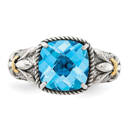14K/Silver Two Tone Shey Couture Sterling Silver With 14K Accent Antiqued Cushion Checkerboard Blue Topaz Ring