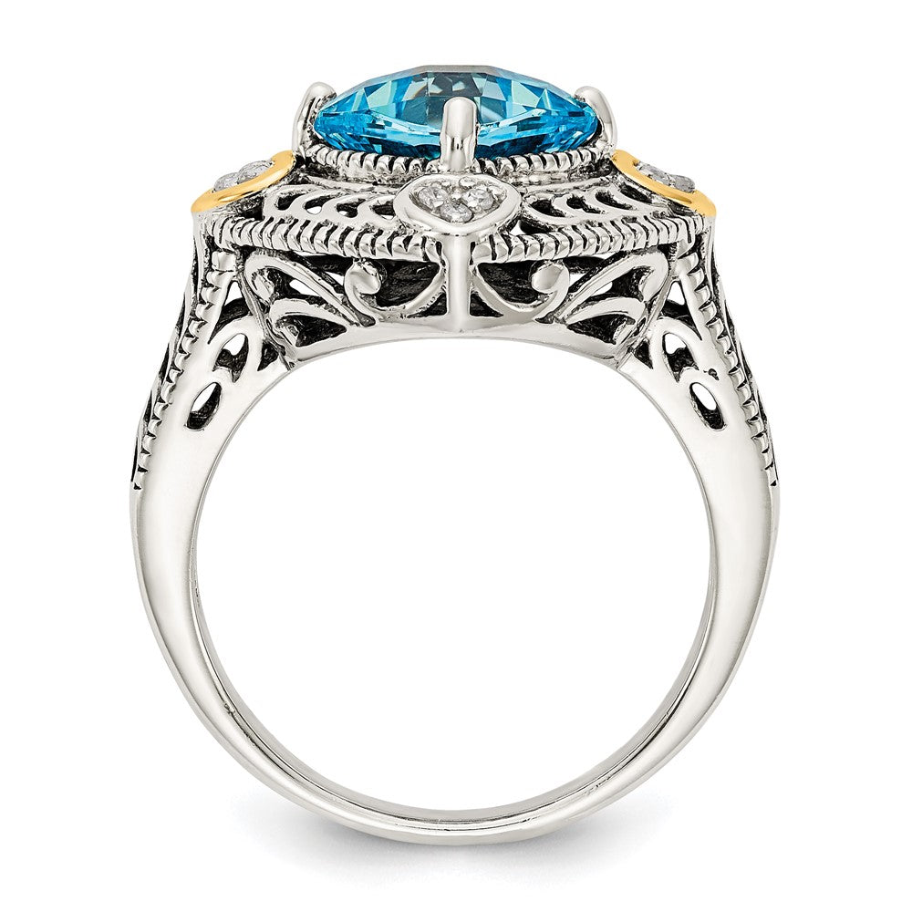 14K/Silver Two Tone Shey Couture Sterling Silver With 14K Accent Antiqued Diamond And Cushion Blue Topaz Ring