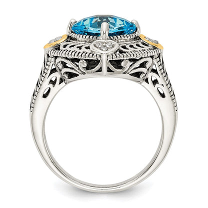 14K/Silver Two Tone Shey Couture Sterling Silver With 14K Accent Antiqued Diamond And Cushion Blue Topaz Ring