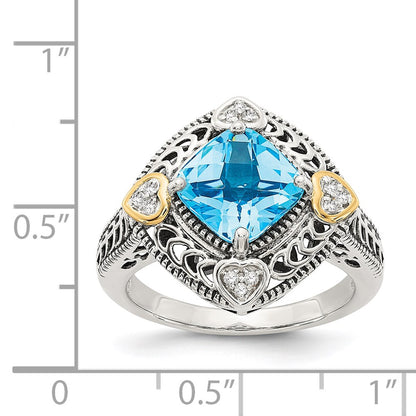 14K/Silver Two Tone Shey Couture Sterling Silver With 14K Accent Antiqued Diamond And Cushion Blue Topaz Ring