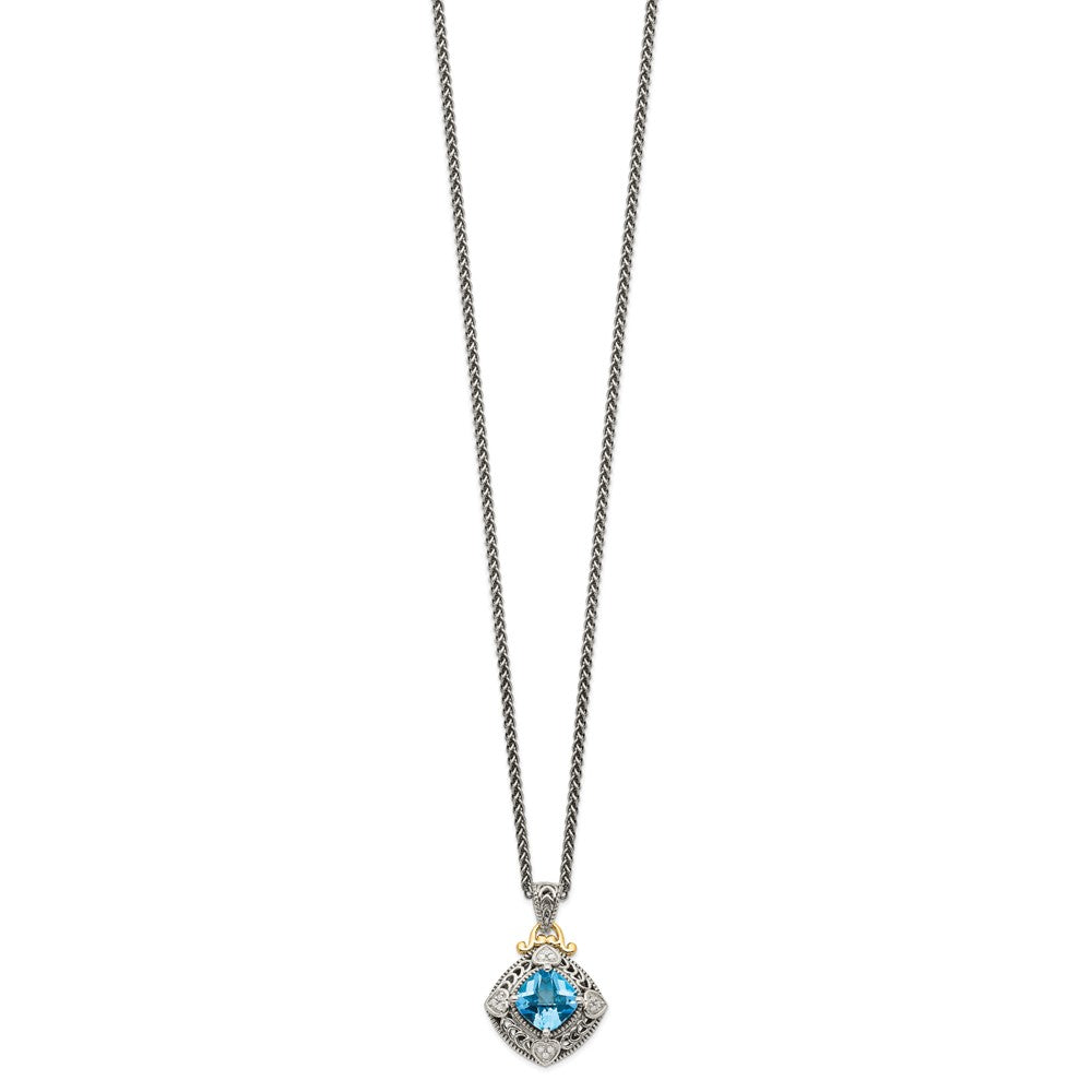 14K/Silver Two Tone Shey Couture Sterling Silver With 14K Accent 18 Inch Antiqued Diamond And Cushion Blue Topaz Necklace