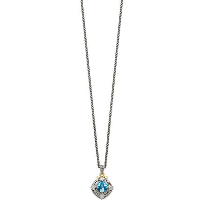 14K/Silver Two Tone Shey Couture Sterling Silver With 14K Accent 18 Inch Antiqued Diamond And Cushion Blue Topaz Necklace