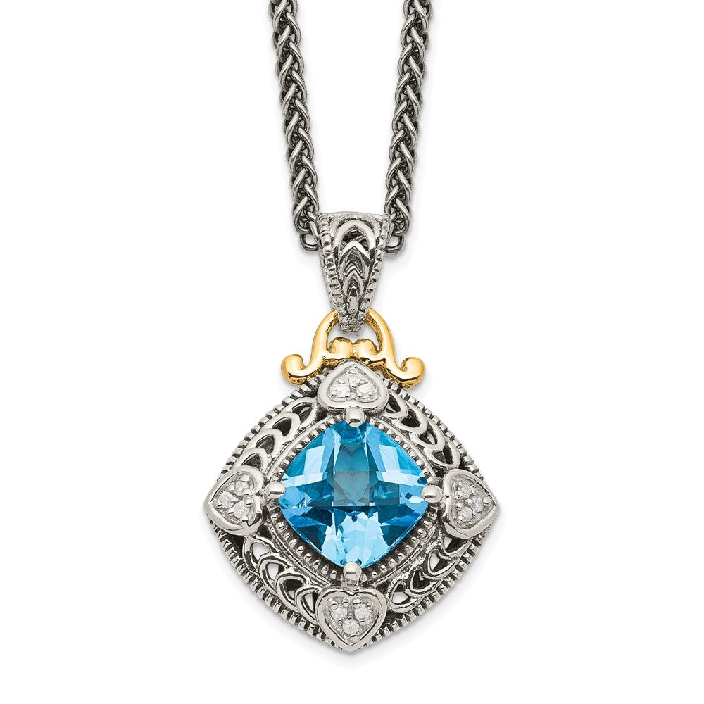 14K/Silver Two Tone Shey Couture Sterling Silver With 14K Accent 18 Inch Antiqued Diamond And Cushion Blue Topaz Necklace