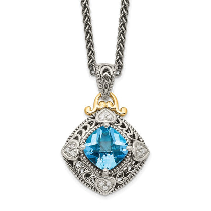 14K/Silver Two Tone Shey Couture Sterling Silver With 14K Accent 18 Inch Antiqued Diamond And Cushion Blue Topaz Necklace