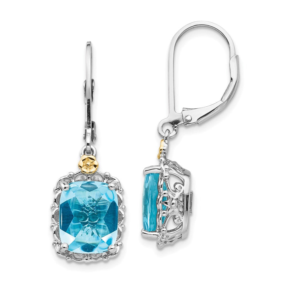 14K/Silver Two Tone Shey Couture Sterling Silver Rhodium Plated With 14K Accent Recangular Blue Topaz Leverback Dangle Earrings