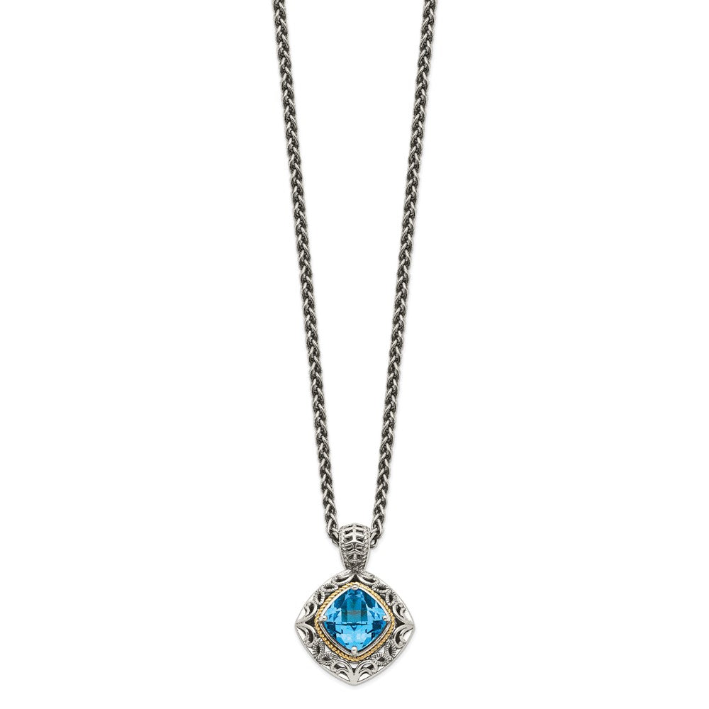 14K/Silver Two Tone Shey Couture Sterling Silver With 14K Accent 18 Inch Antiqued Cushion Blue Topaz Necklace