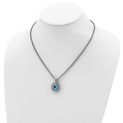 14K/Silver Two Tone Shey Couture Sterling Silver With 14K Accent 18 Inch Antiqued Cushion Blue Topaz Necklace