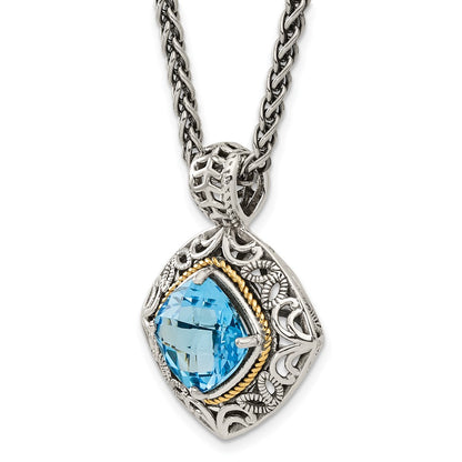 14K/Silver Two Tone Shey Couture Sterling Silver With 14K Accent 18 Inch Antiqued Cushion Blue Topaz Necklace