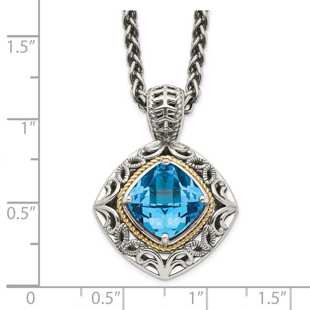 14K/Silver Two Tone Shey Couture Sterling Silver With 14K Accent 18 Inch Antiqued Cushion Blue Topaz Necklace