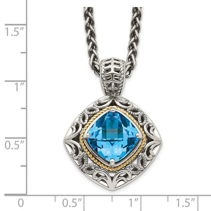 14K/Silver Two Tone Shey Couture Sterling Silver With 14K Accent 18 Inch Antiqued Cushion Blue Topaz Necklace