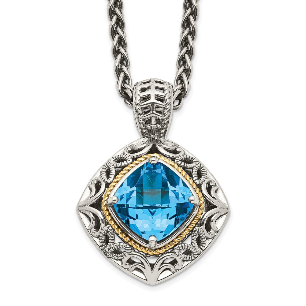 14K/Silver Two Tone Shey Couture Sterling Silver With 14K Accent 18 Inch Antiqued Cushion Blue Topaz Necklace