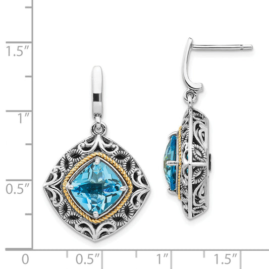 14K/Silver Two Tone Shey Couture Sterling Silver With 14K Accent Antiqued Cushion Blue Topaz Post Dangle Earrings
