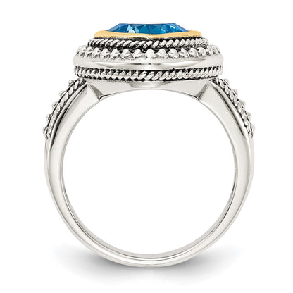 14K/Silver Two Tone Shey Couture Sterling Silver With 14K Accent Antiqued Cushion Bezel Blue Topaz Ring (Size 8 Only)
