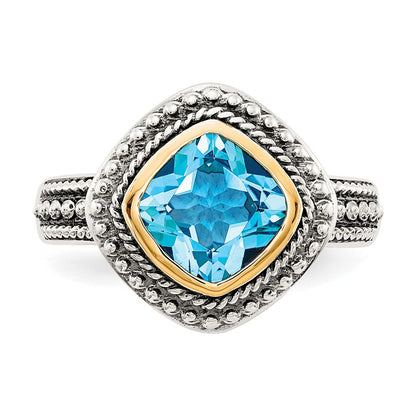 14K/Silver Two Tone Shey Couture Sterling Silver With 14K Accent Antiqued Cushion Bezel Blue Topaz Ring (Size 8 Only)
