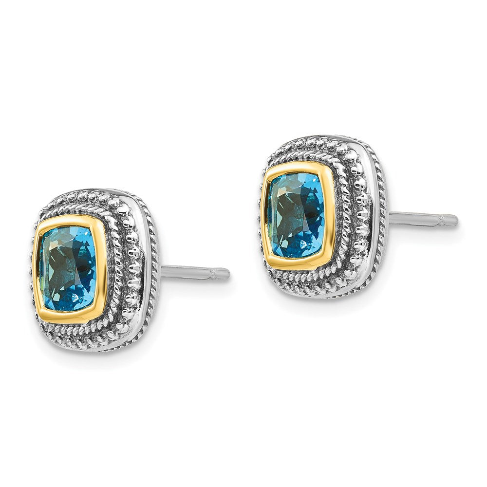 14K/Silver Two Tone Shey Couture Sterling Silver With 14K Accent Antiqued Cushion Bezel Blue Topaz Post Earrings
