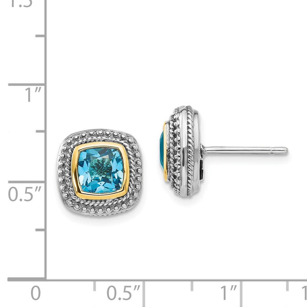 14K/Silver Two Tone Shey Couture Sterling Silver With 14K Accent Antiqued Cushion Bezel Blue Topaz Post Earrings