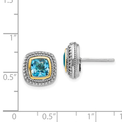 14K/Silver Two Tone Shey Couture Sterling Silver With 14K Accent Antiqued Cushion Bezel Blue Topaz Post Earrings
