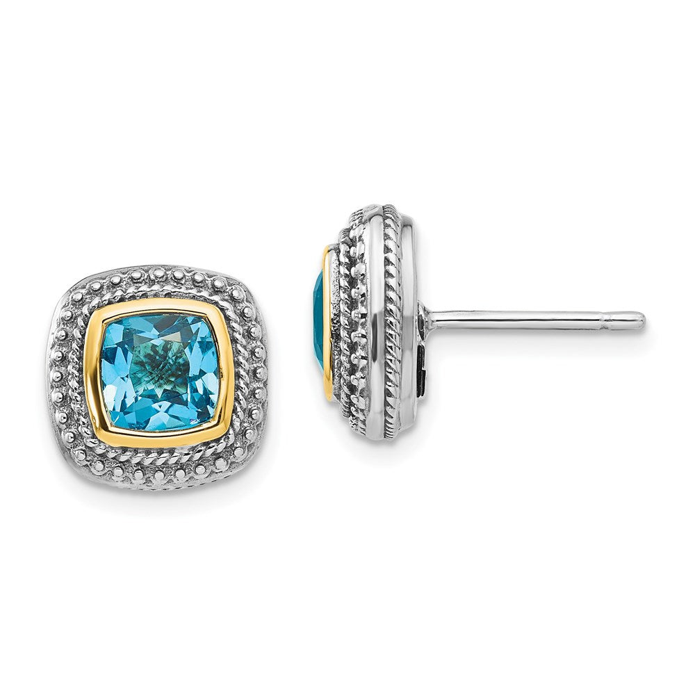 14K/Silver Two Tone Shey Couture Sterling Silver With 14K Accent Antiqued Cushion Bezel Blue Topaz Post Earrings