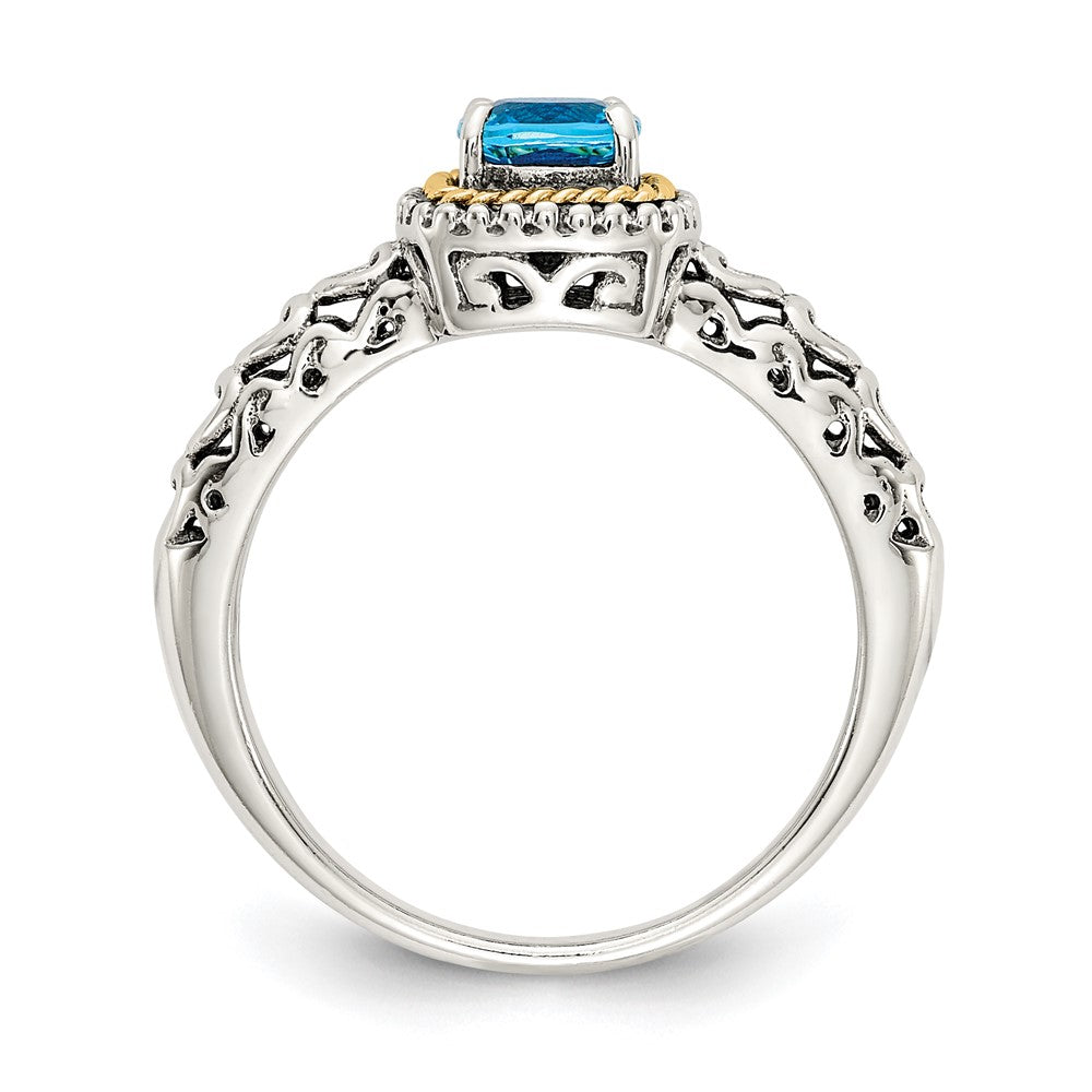 14K/Silver Two Tone Shey Couture Sterling Silver With 14K Accent Antiqued Cushion Blue Topaz Ring