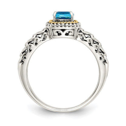 14K/Silver Two Tone Shey Couture Sterling Silver With 14K Accent Antiqued Cushion Blue Topaz Ring