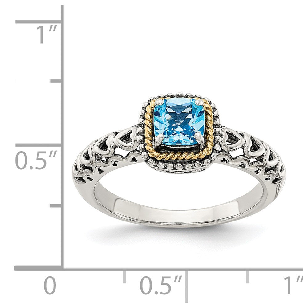 14K/Silver Two Tone Shey Couture Sterling Silver With 14K Accent Antiqued Cushion Blue Topaz Ring