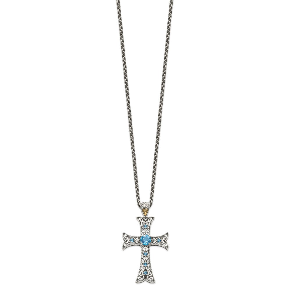 14K/Silver Two Tone Shey Couture Sterling Silver Rhodium Plated With 14K Accent 18 Inch Antiqued Round Blue Topaz Cross Necklace