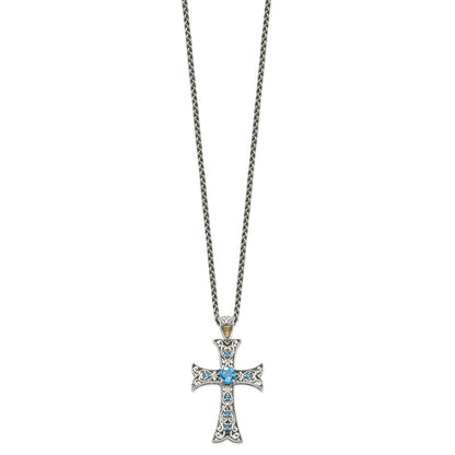 14K/Silver Two Tone Shey Couture Sterling Silver Rhodium Plated With 14K Accent 18 Inch Antiqued Round Blue Topaz Cross Necklace