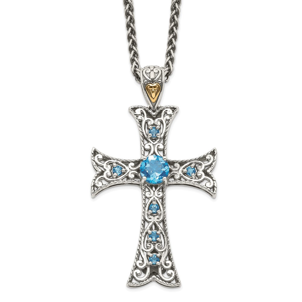 14K/Silver Two Tone Shey Couture Sterling Silver Rhodium Plated With 14K Accent 18 Inch Antiqued Round Blue Topaz Cross Necklace
