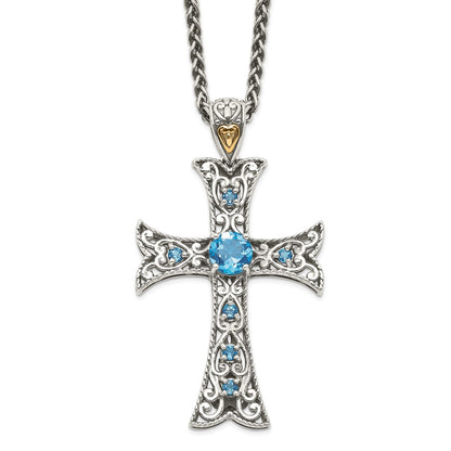 14K/Silver Two Tone Shey Couture Sterling Silver Rhodium Plated With 14K Accent 18 Inch Antiqued Round Blue Topaz Cross Necklace