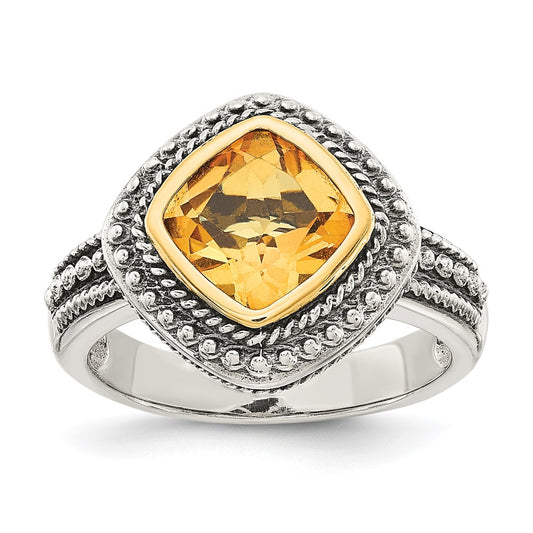14K/Silver Two Tone Shey Couture Sterling Silver With 14K Accent Antiqued Cushion Bezel Citrine Ring