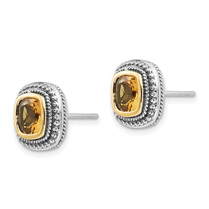 14K/Silver Two Tone Shey Couture Sterling Silver With 14K Accent Antiqued Cushion Bezel Citrine Post Earrings