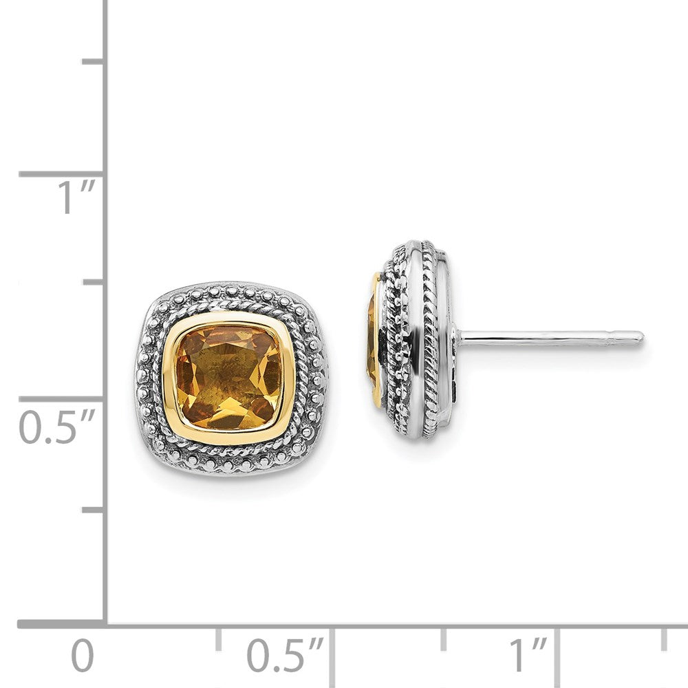 14K/Silver Two Tone Shey Couture Sterling Silver With 14K Accent Antiqued Cushion Bezel Citrine Post Earrings
