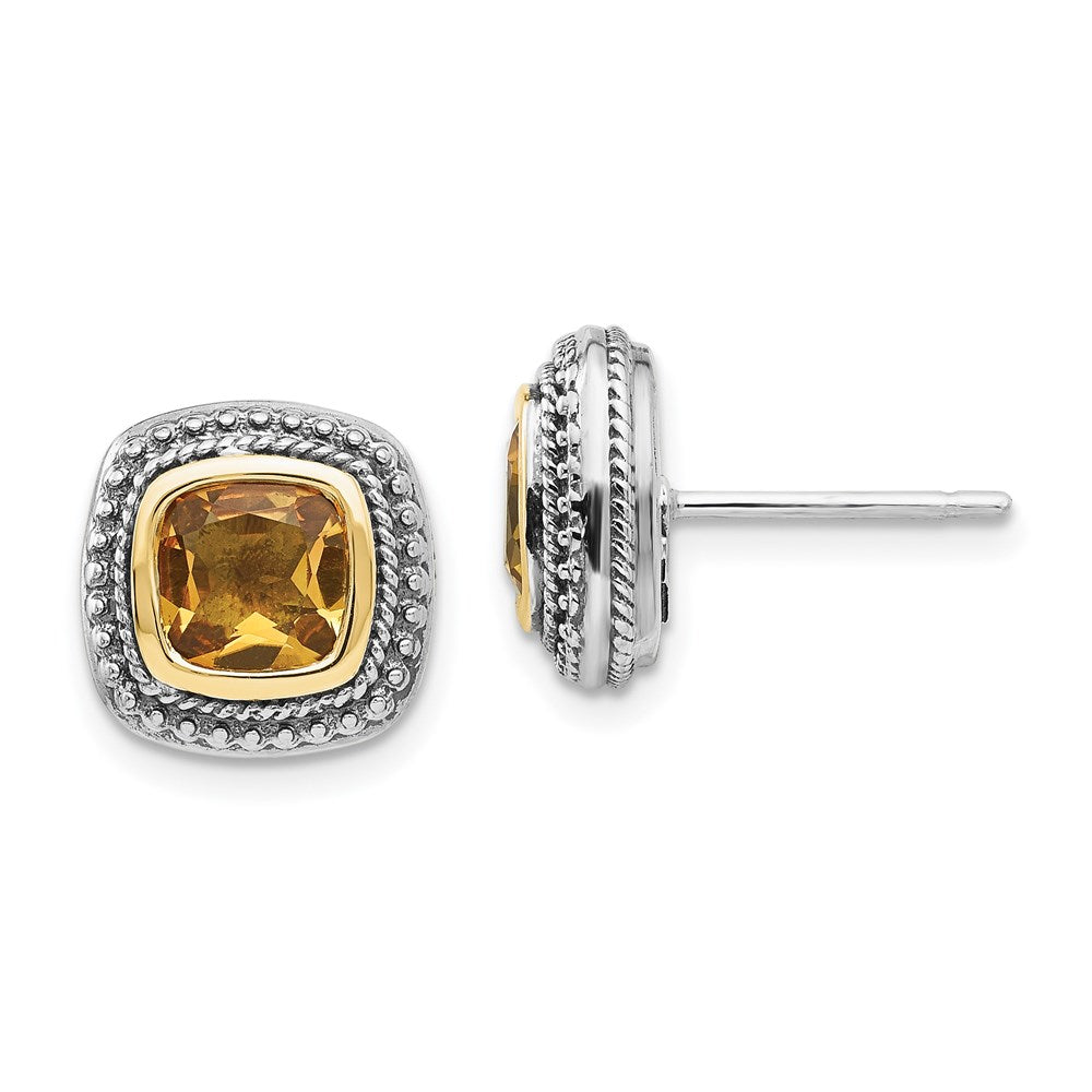 14K/Silver Two Tone Shey Couture Sterling Silver With 14K Accent Antiqued Cushion Bezel Citrine Post Earrings