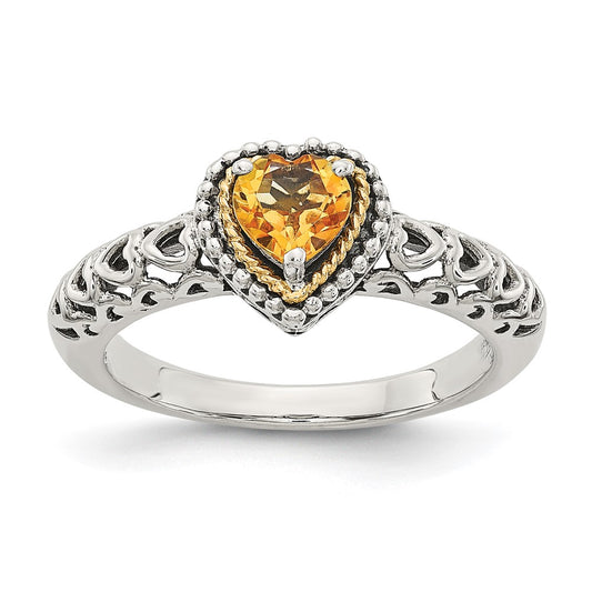 14K/Silver Two Tone Shey Couture Sterling Silver With 14K Accent Antiqued Heart Citrine Ring