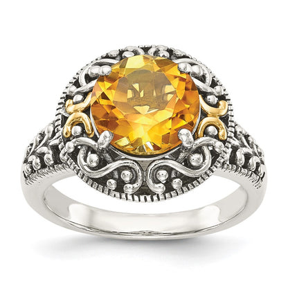 14K/Silver Two Tone Shey Couture Sterling Silver With 14K Accent Antiqued Round Citrine Ring