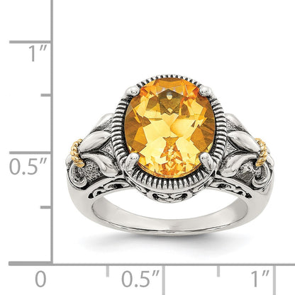 14K/Silver Two Tone Shey Couture Sterling Silver With 14K Accent Antiqued Oval Citrine Ring