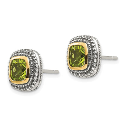 14K/Silver Two Tone Shey Couture Sterling Silver With 14K Accent Antiqued Cushion Bezel Peridot Post Earrings