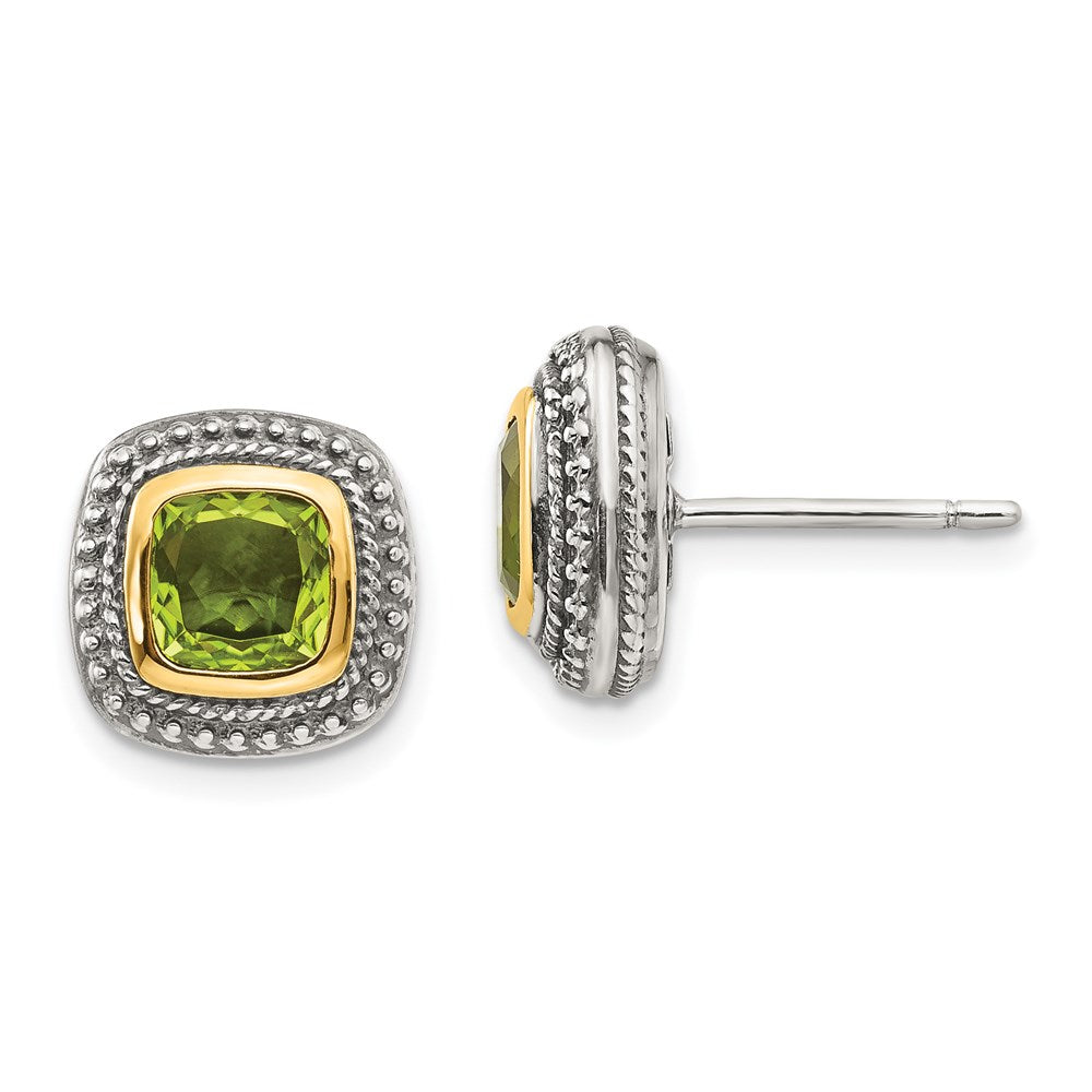14K/Silver Two Tone Shey Couture Sterling Silver With 14K Accent Antiqued Cushion Bezel Peridot Post Earrings