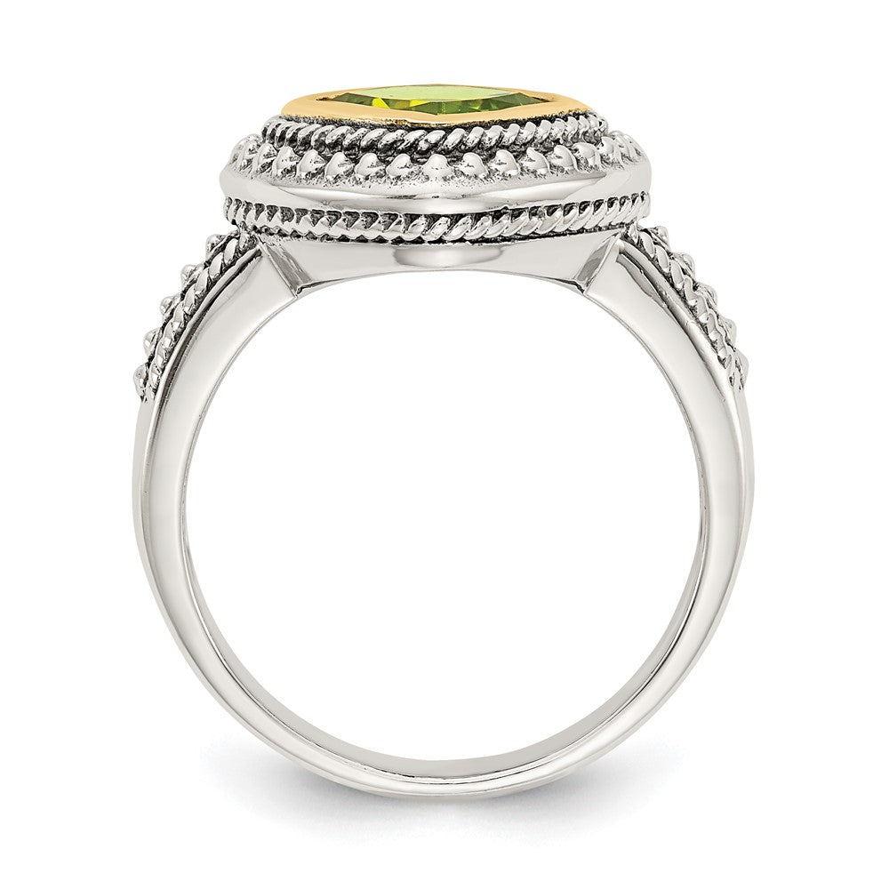 14K/Silver Two Tone Shey Couture Sterling Silver With 14K Accent Antiqued Cushion Bezel Peridot Ring
