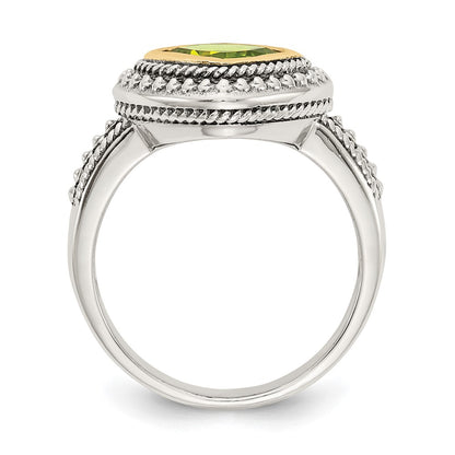 14K/Silver Two Tone Shey Couture Sterling Silver With 14K Accent Antiqued Cushion Bezel Peridot Ring